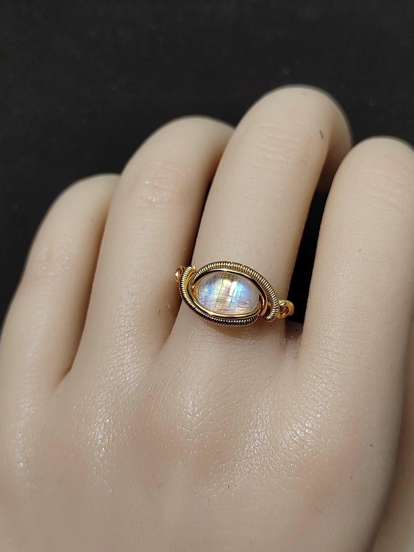 Handmade Rainbow Moonstone Ring - 14k copper Wire Wrapped crystal Jewelry
