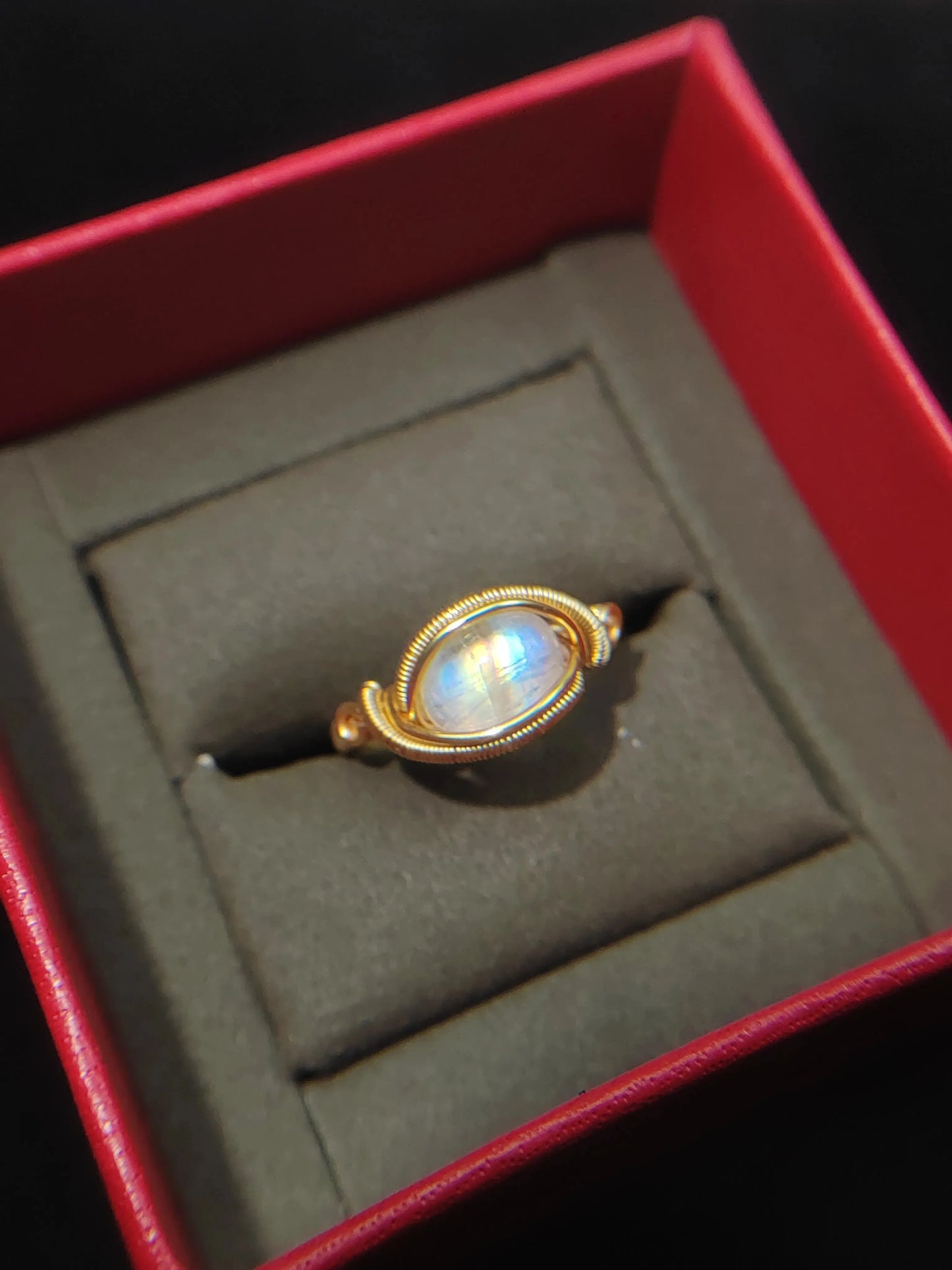 Handmade Rainbow Moonstone Ring - 14k copper Wire Wrapped crystal Jewelry