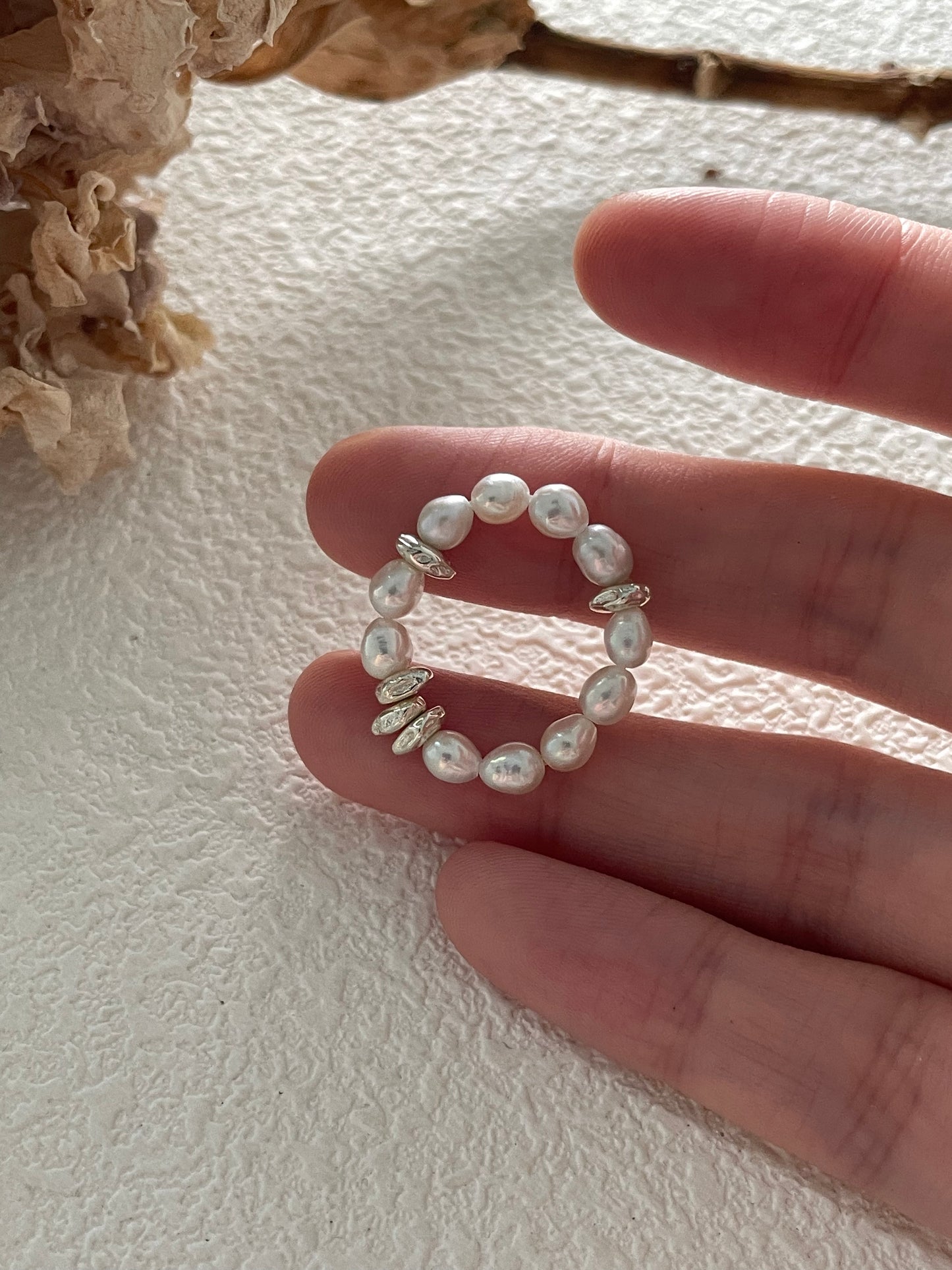 Silver Ring,Vintage Boho Cultured Pearl Adjustable Beaded Wrap Ring,Trendy Elastic Freshwater Pearl Rings for Women