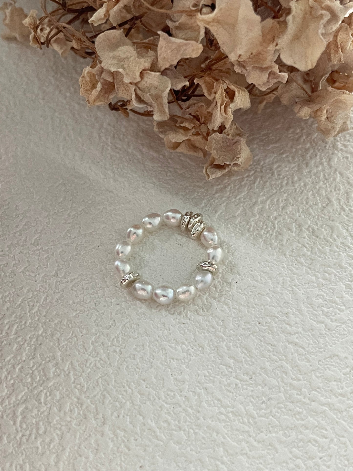 Silver Ring,Vintage Boho Cultured Pearl Adjustable Beaded Wrap Ring,Trendy Elastic Freshwater Pearl Rings for Women