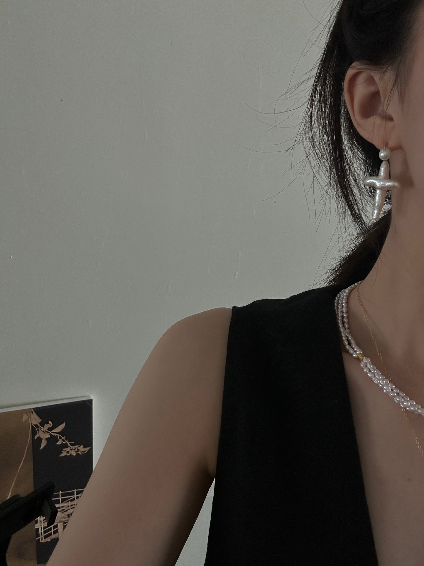 S925 Silver Cross Pearl Ear Studs Dangle Earrings for Women