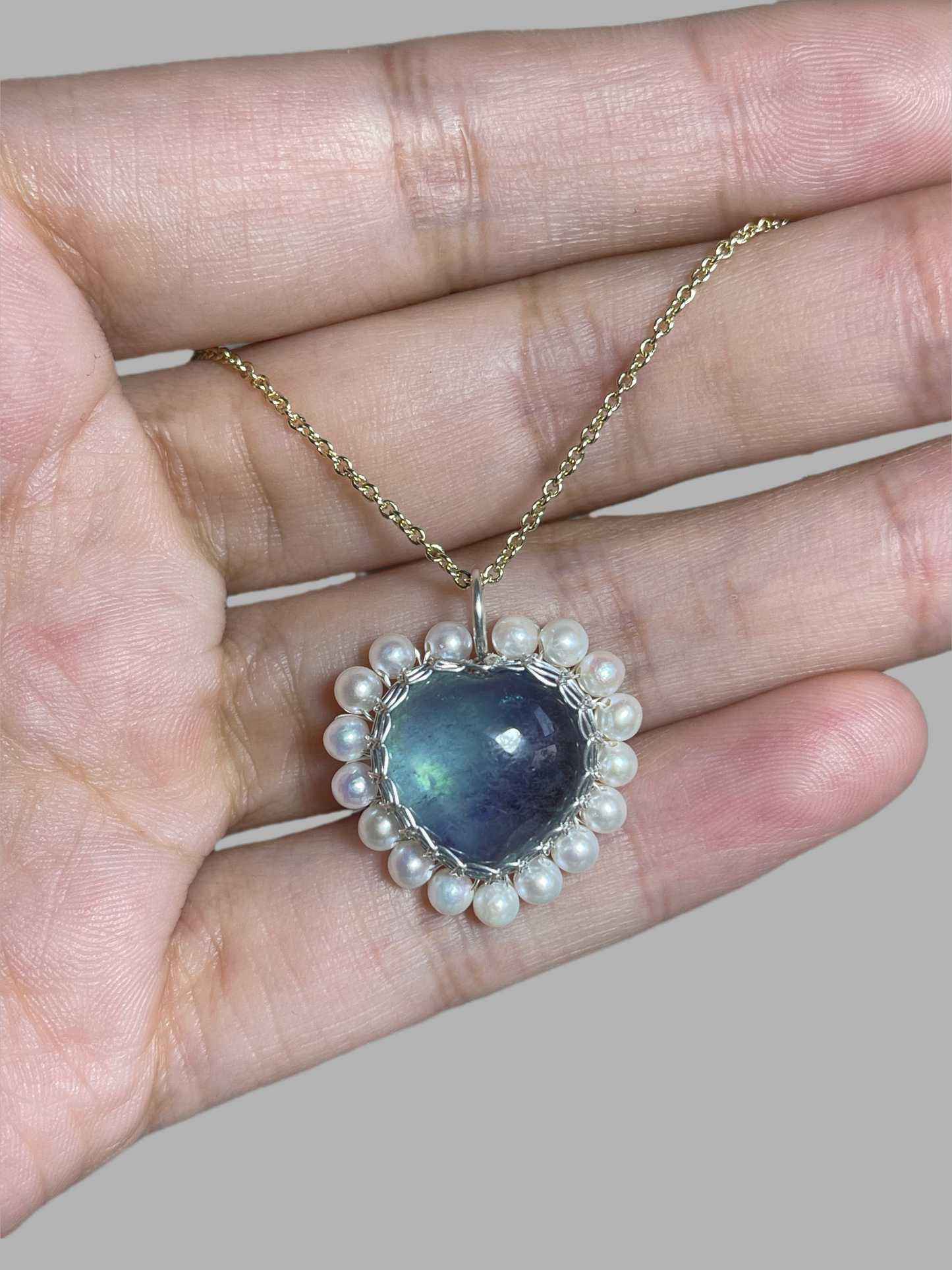 Aquamarine Heart Pendant Pearls Silver Necklace