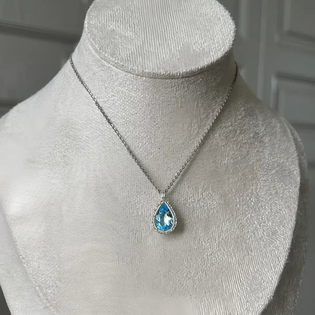Blue Topaz Pendant Sterling Silver Necklace -Handmade Wire Wrapped crystal Jewelry