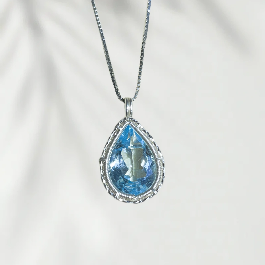 Blue Topaz Pendant Sterling Silver Necklace -Handmade Wire Wrapped crystal Jewelry