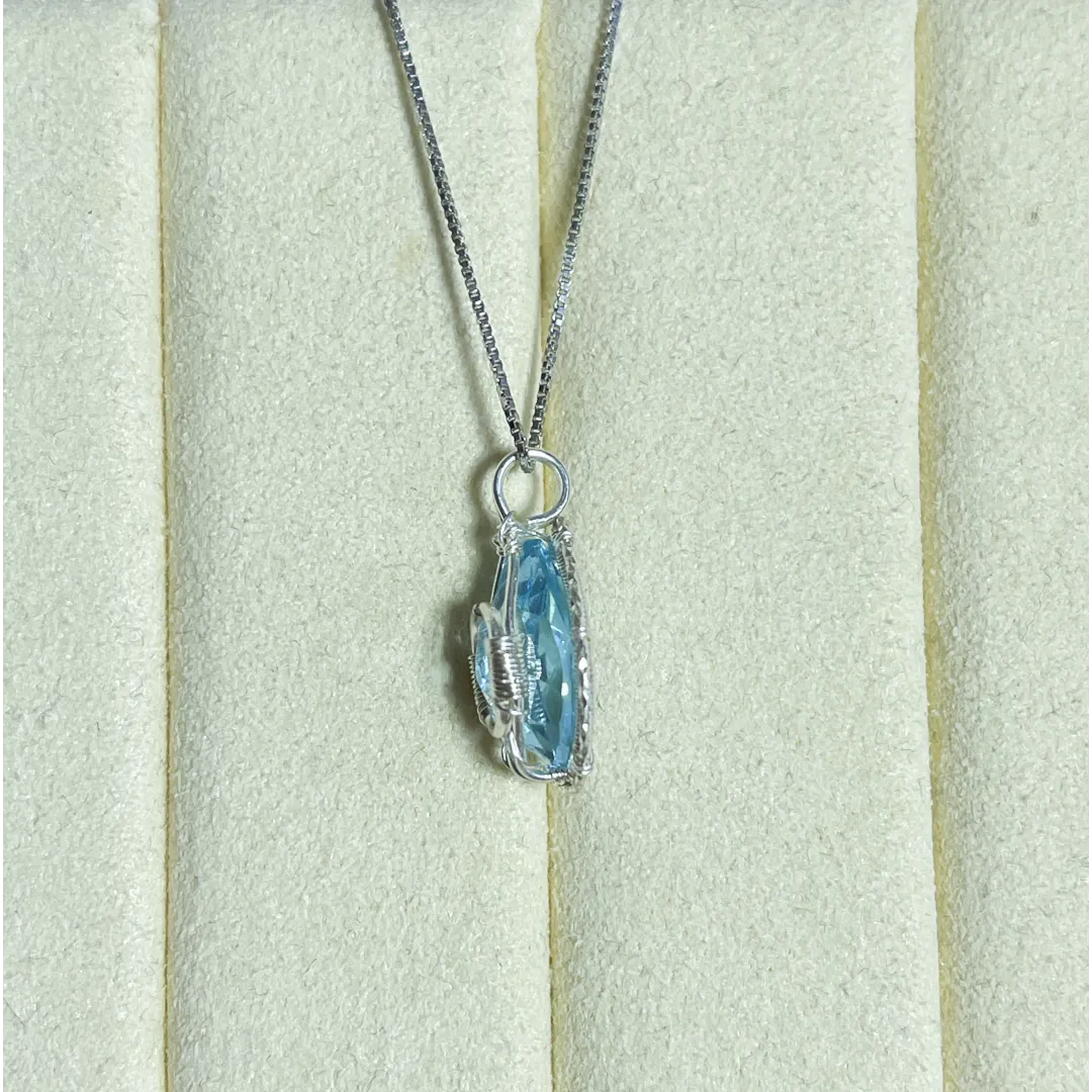 Blue Topaz Pendant Sterling Silver Necklace -Handmade Wire Wrapped crystal Jewelry