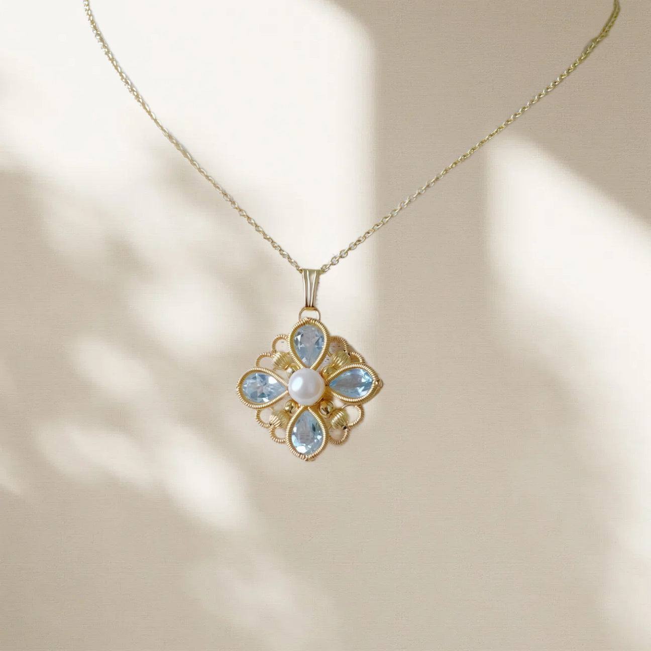 Four Leaf Clover Topaz Pendant Necklace- Copper Wire Wrapped Jewelry