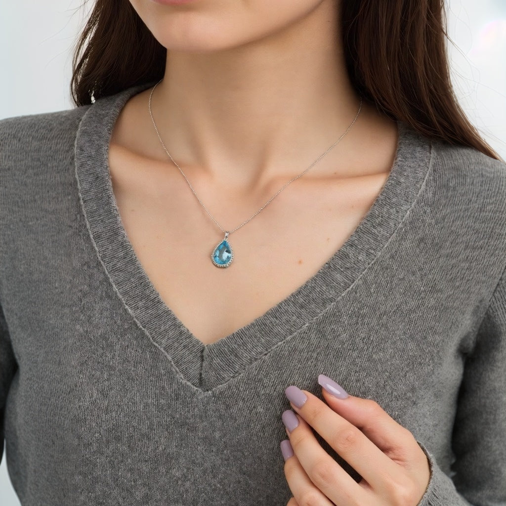 Blue Topaz Pendant Sterling Silver Necklace -Handmade Wire Wrapped crystal Jewelry
