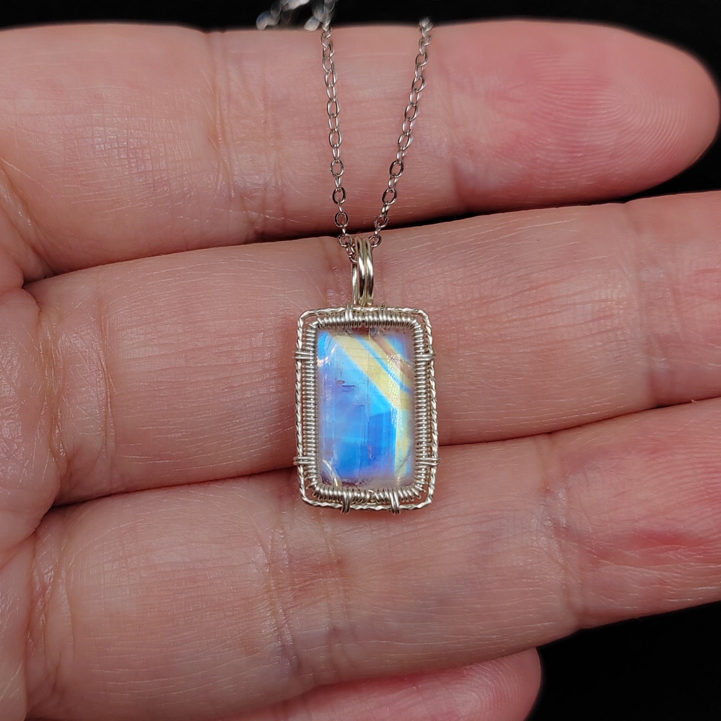 Rainbow Moonstone Pendant Silver Necklace - Wire Wrapped crystal Jewelry