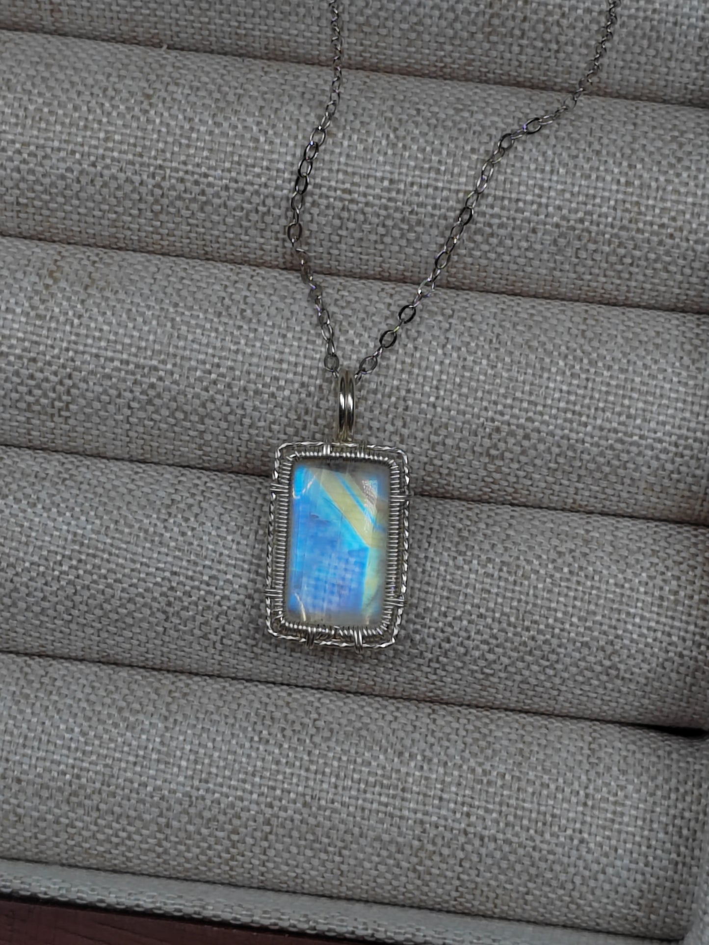Rainbow Moonstone Pendant Silver Necklace - Wire Wrapped crystal Jewelry