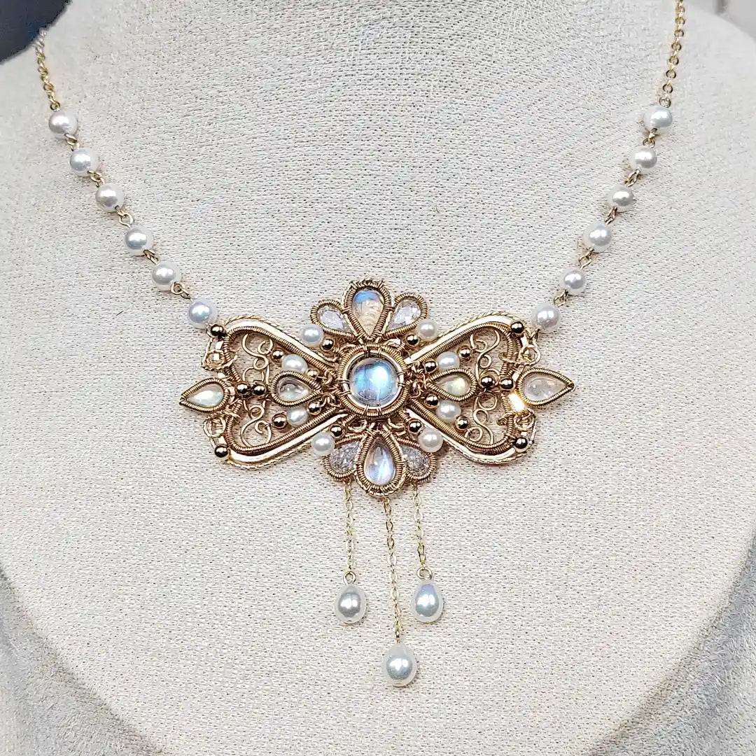 Diana Moonstone Pearls Necklace - Fine Jewelry/Handmade Wire Wrapped crystal Jewelry