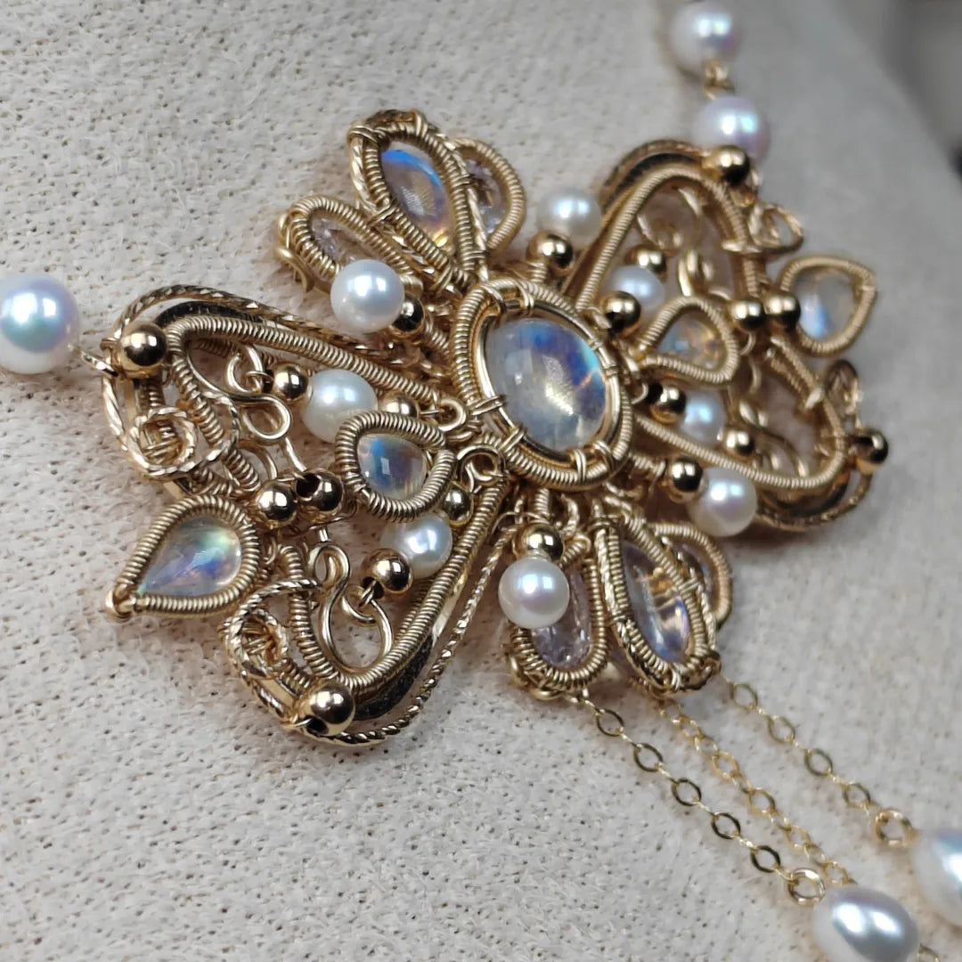 Diana Moonstone Pearls Necklace - Fine Jewelry/Handmade Wire Wrapped crystal Jewelry