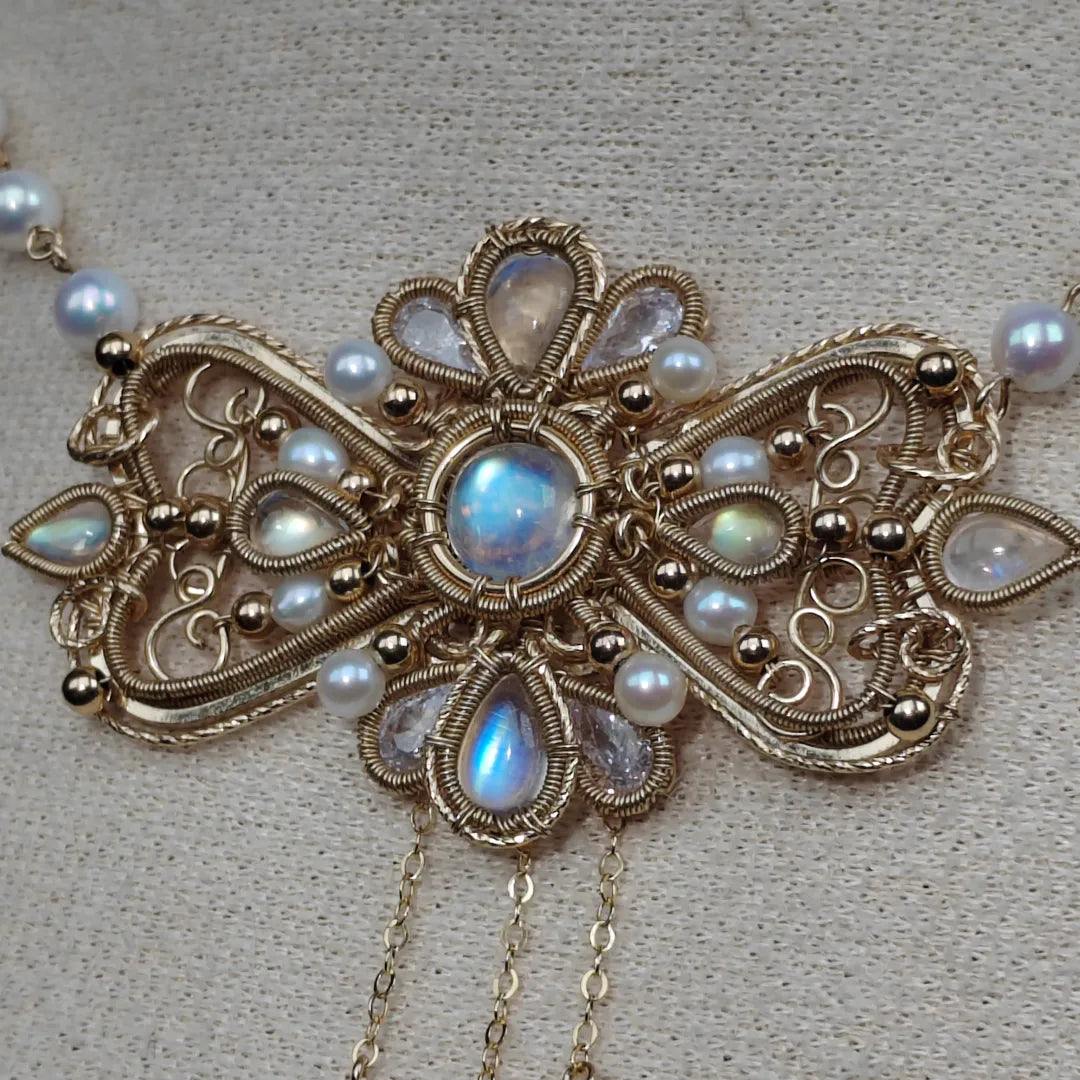 Diana Moonstone Pearls Necklace - Fine Jewelry/Handmade Wire Wrapped crystal Jewelry