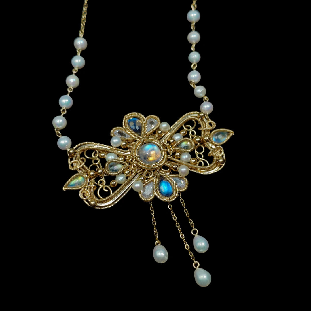 Diana Moonstone Pearls Necklace - Fine Jewelry/Handmade Wire Wrapped crystal Jewelry