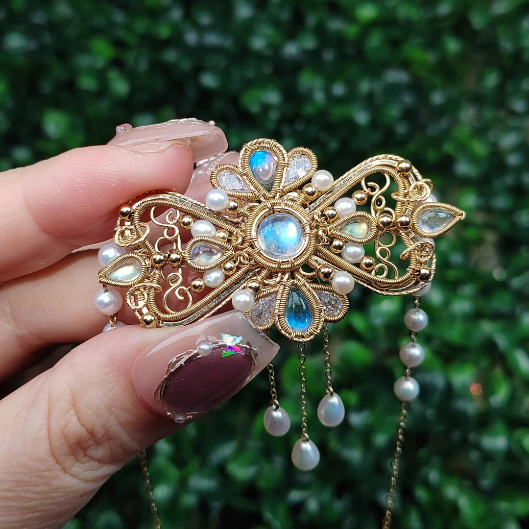 Diana Moonstone Pearls Necklace - Fine Jewelry/Handmade Wire Wrapped crystal Jewelry