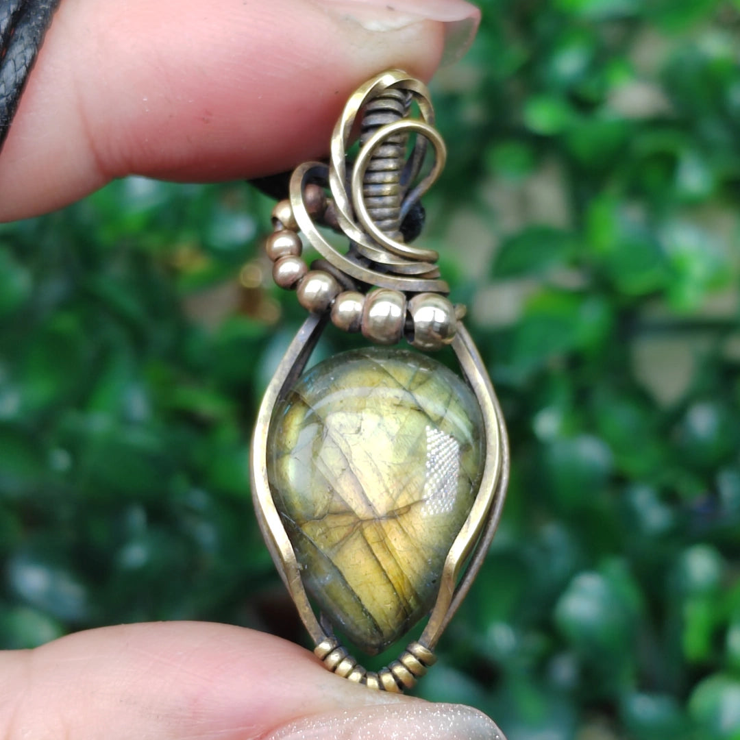 Yellow Labradorite Handmade Pendant Necklace- Copper Wire Wrapped Jewelry