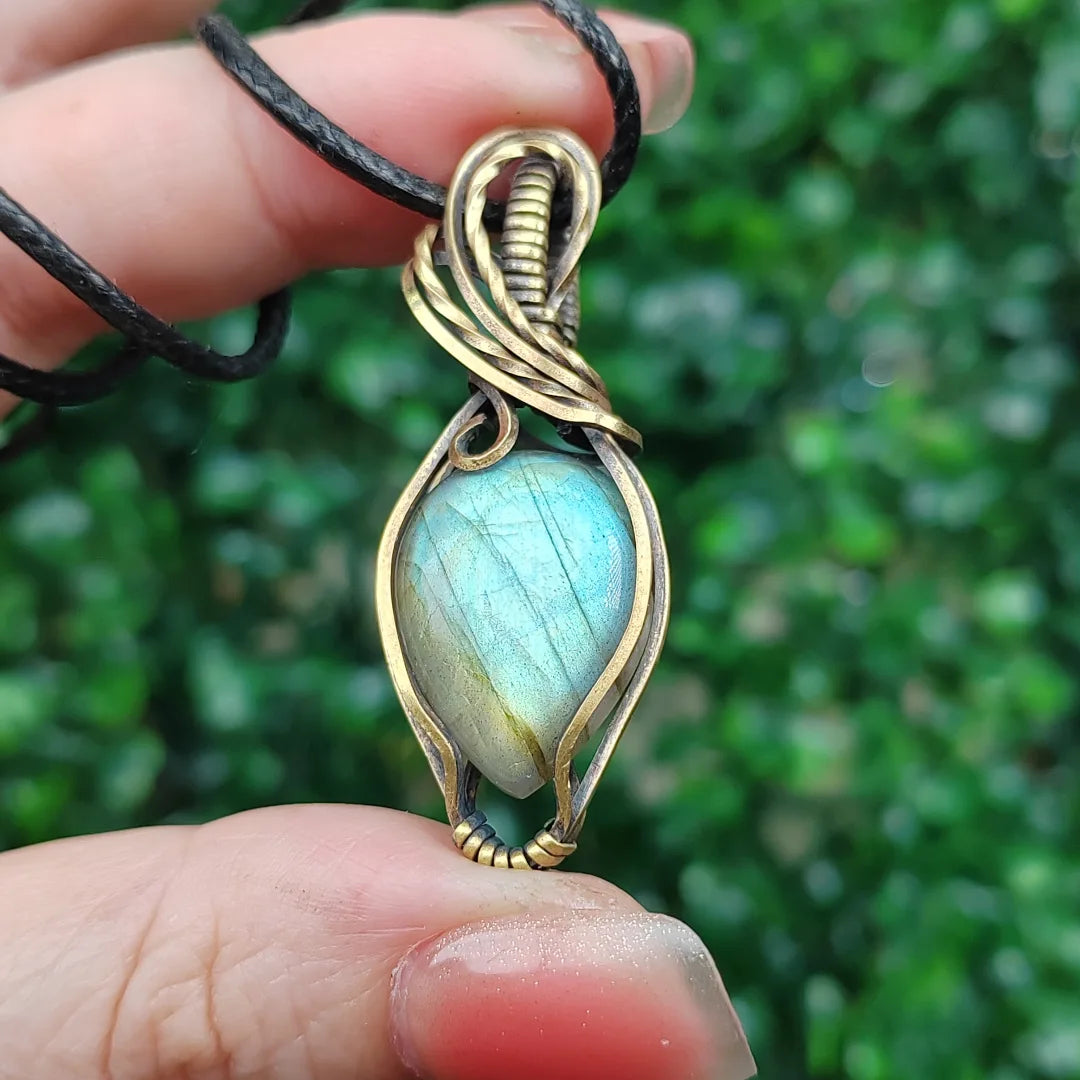 Green Labradorite Handmade Pendant Necklace- Copper Wire Wrapped Jewelry