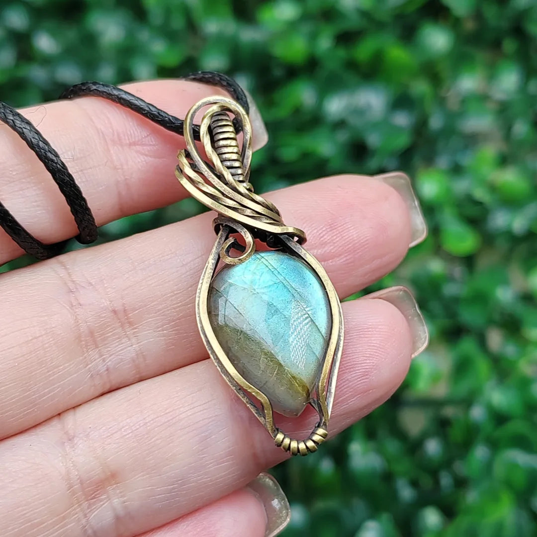 Green Labradorite Handmade Pendant Necklace- Copper Wire Wrapped Jewelry