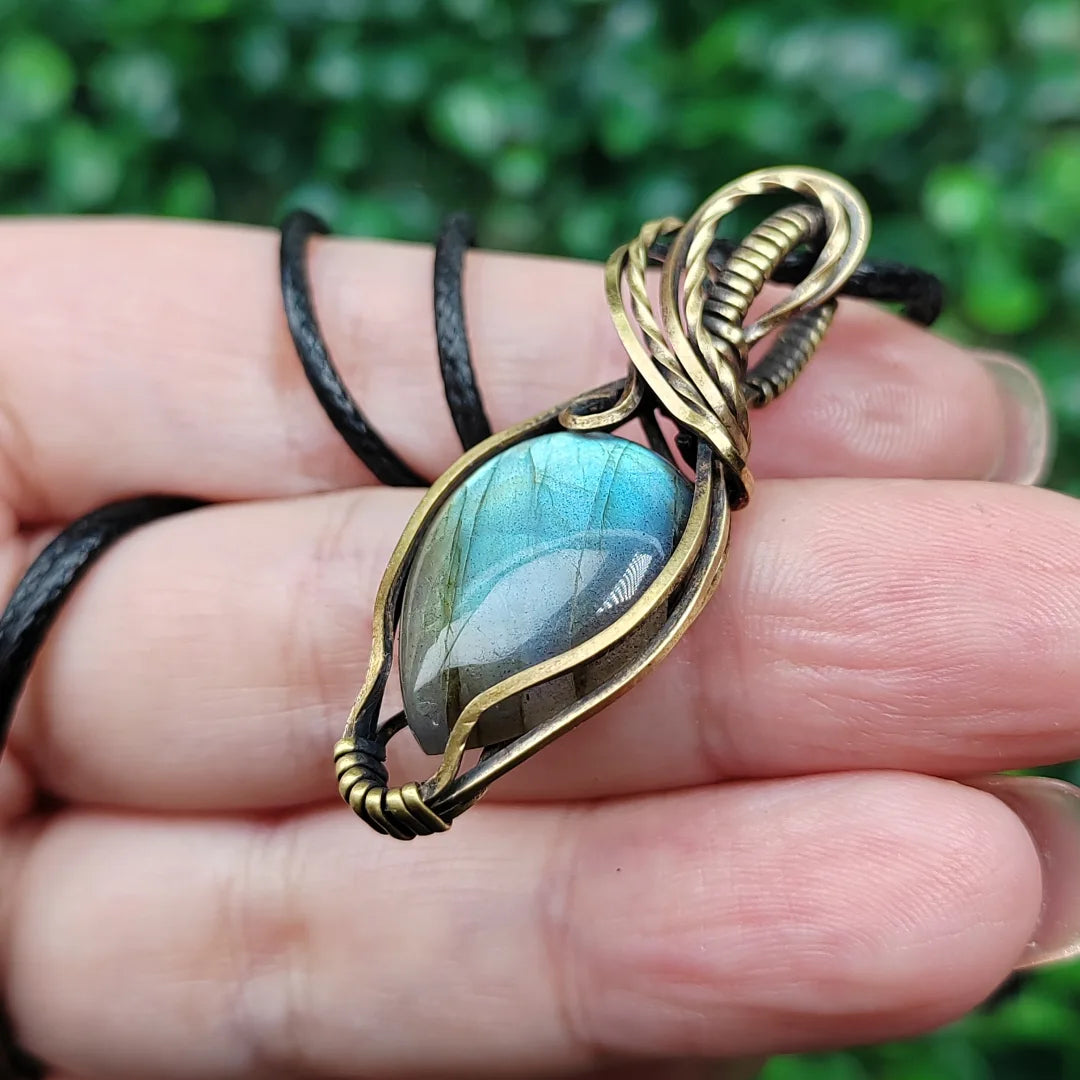 Green Labradorite Handmade Pendant Necklace- Copper Wire Wrapped Jewelry
