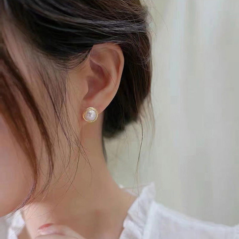 Nature Pearl Stud Earrings / Sterling Silver Posts