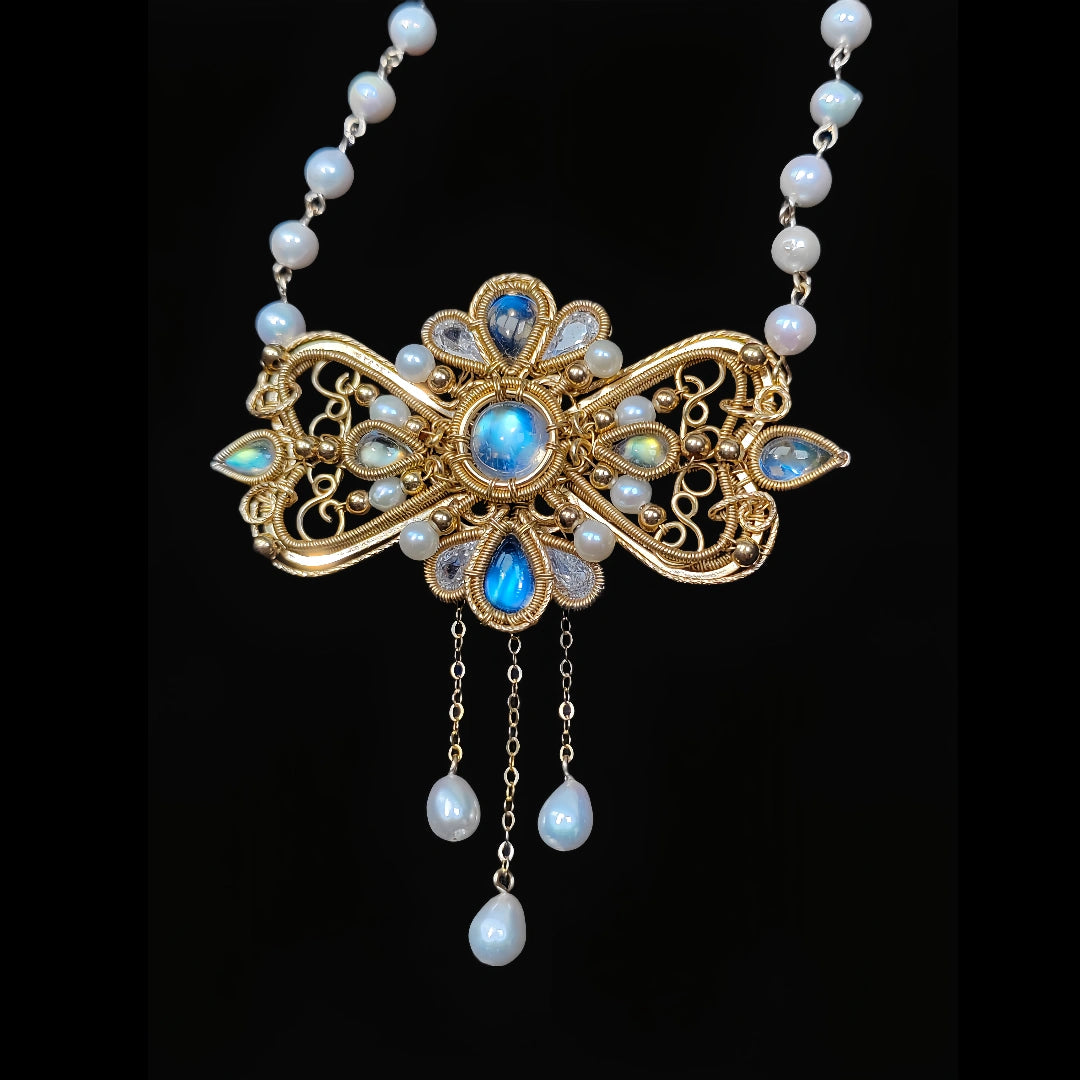 Diana Moonstone Pearls Necklace - Fine Jewelry/Handmade Wire Wrapped crystal Jewelry