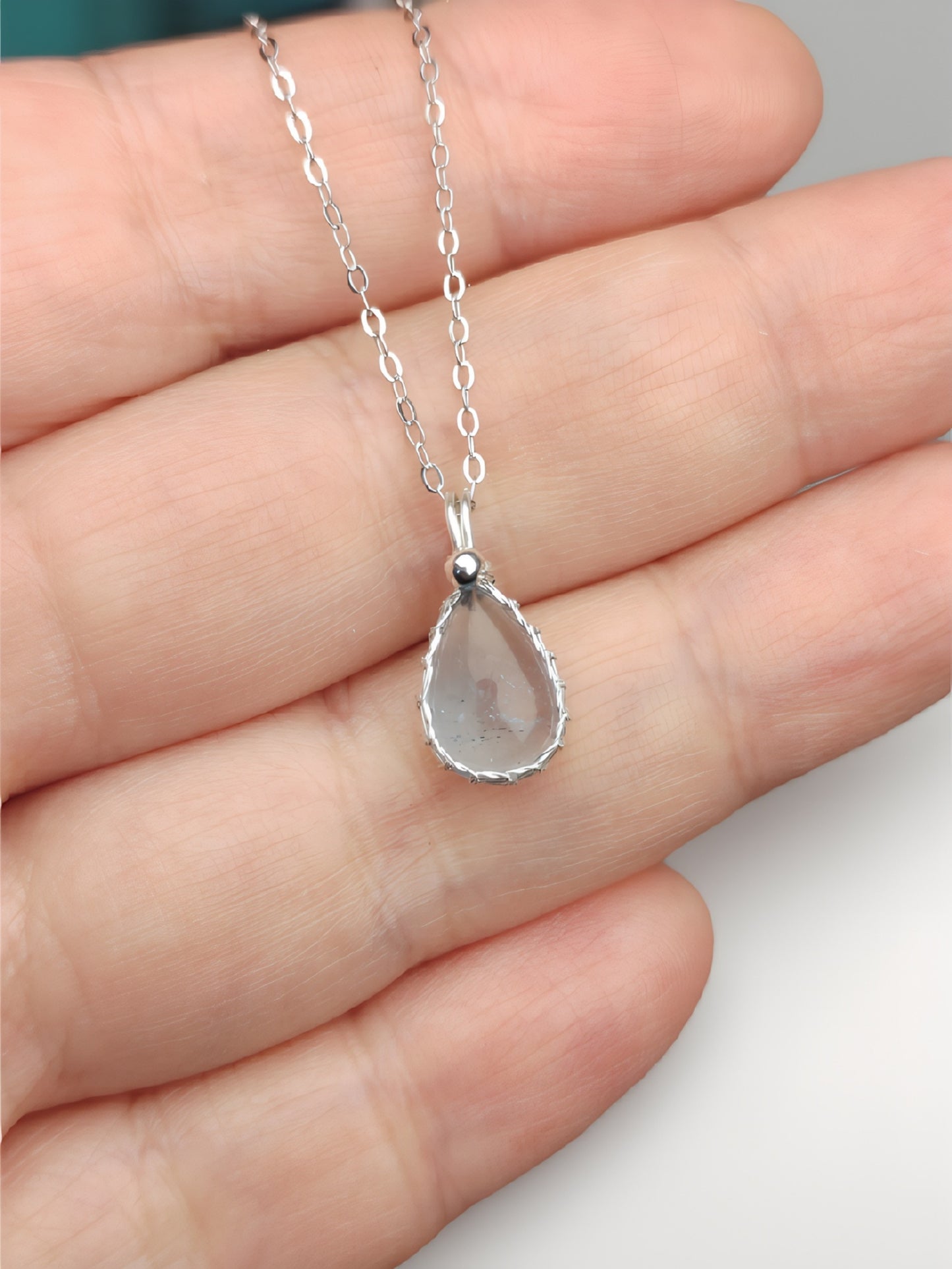 Aquamarine Teardrop Sterling Silver Necklace,Everyday Handmade Wire Wrapped Pendant Jewelry,March Birthstone Healing Crystals Gift for Her