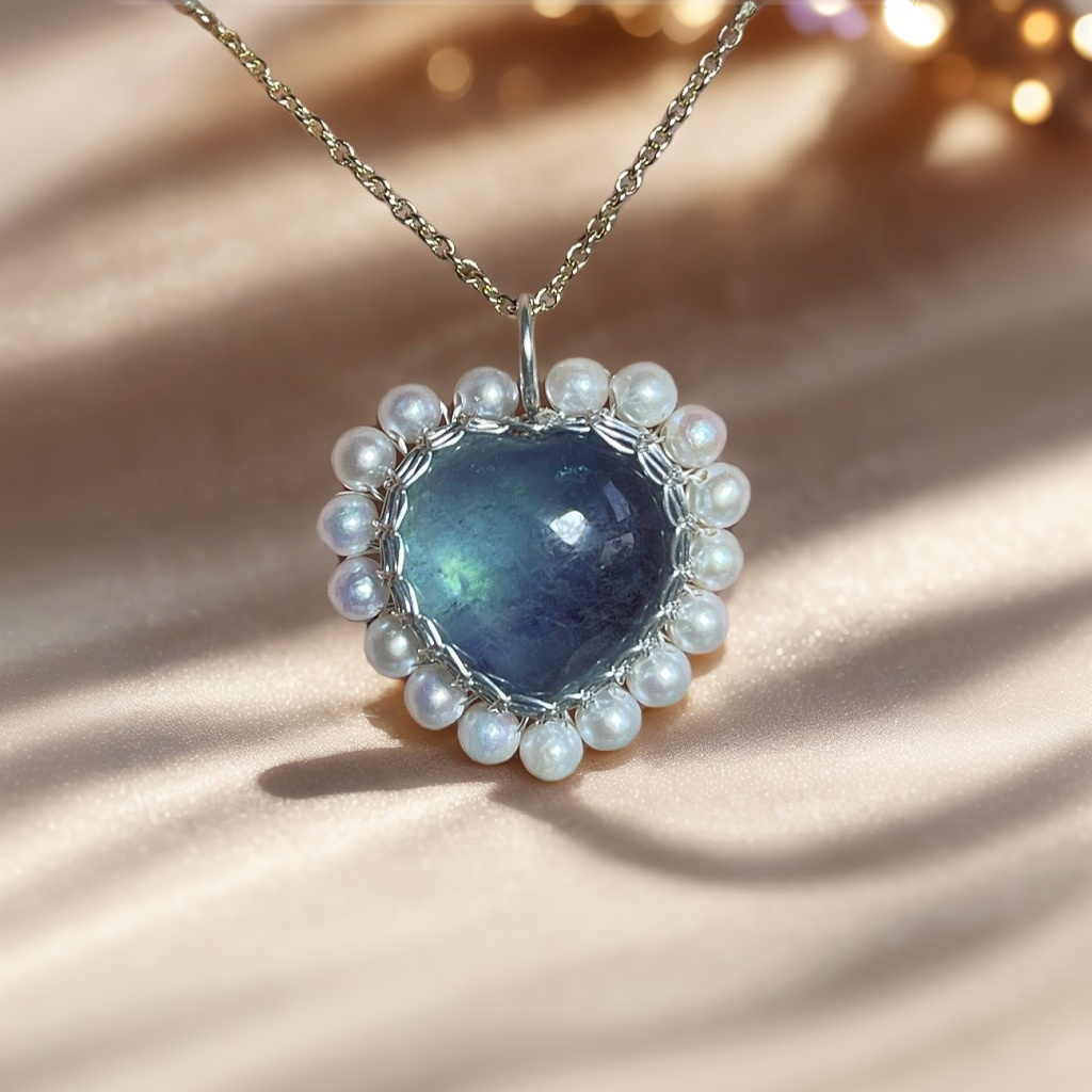 Aquamarine Heart Pendant Pearls Silver Necklace