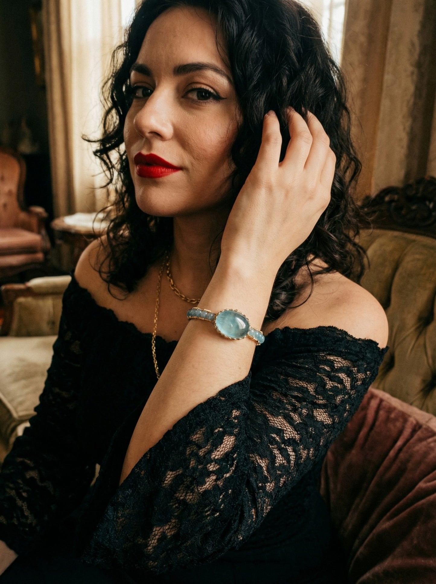 Aquamarine Adjustable Cuff Bracelet, Handmade Wire Wrapped Gold Jewelry, Christmas & Anniversary Initial Crystal Gift