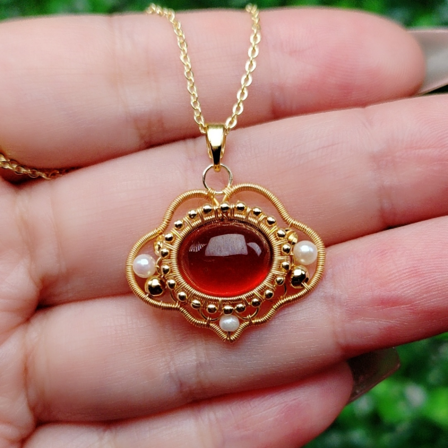 Garnet Ruyi Lock Pendant Necklace, Red Wire Wrapped Pendant, Handmade Vintage Talisman Jewelry, Healing Crystals Necklace Gift for Her Mom