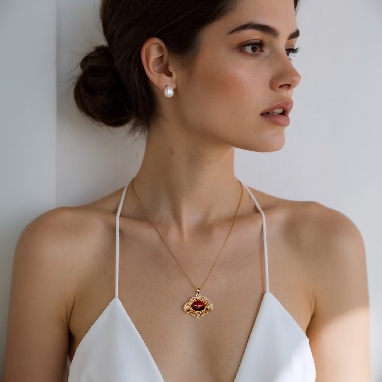 Garnet Ruyi Lock Pendant Necklace, Red Wire Wrapped Pendant, Handmade Vintage Talisman Jewelry, Healing Crystals Necklace Gift for Her Mom