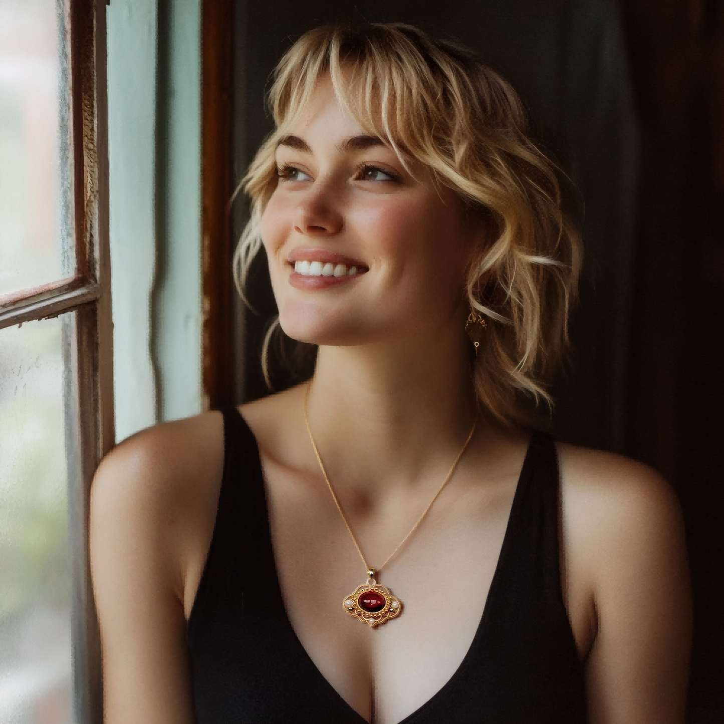 Garnet Ruyi Lock Pendant Necklace, Red Wire Wrapped Pendant, Handmade Vintage Talisman Jewelry, Healing Crystals Necklace Gift for Her Mom