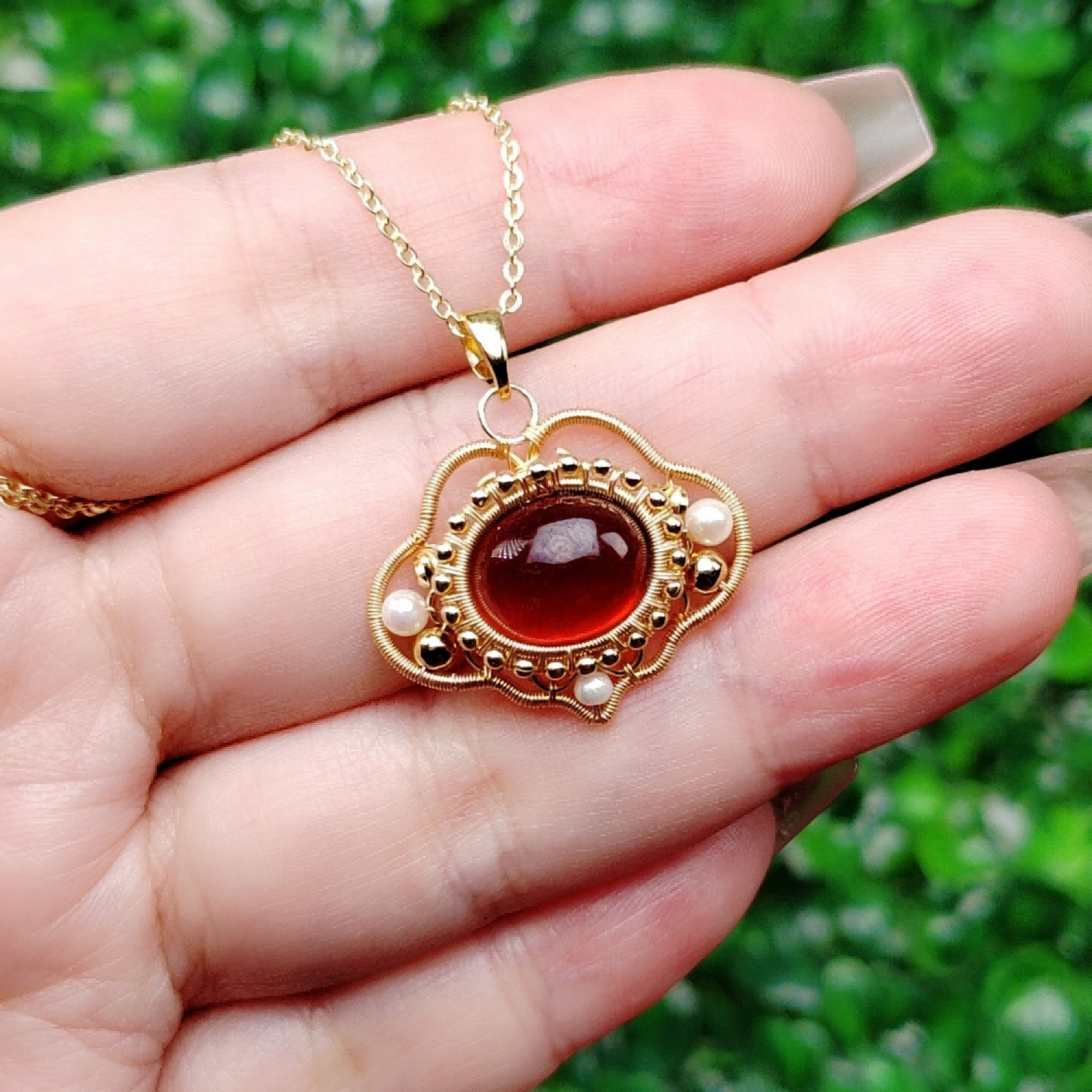 Garnet Ruyi Lock Pendant Necklace, Red Wire Wrapped Pendant, Handmade Vintage Talisman Jewelry, Healing Crystals Necklace Gift for Her Mom