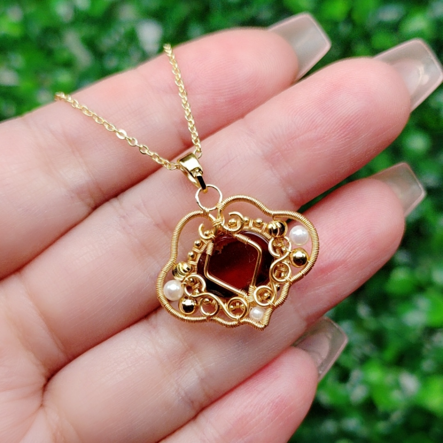 Garnet Ruyi Lock Pendant Necklace, Red Wire Wrapped Pendant, Handmade Vintage Talisman Jewelry, Healing Crystals Necklace Gift for Her Mom