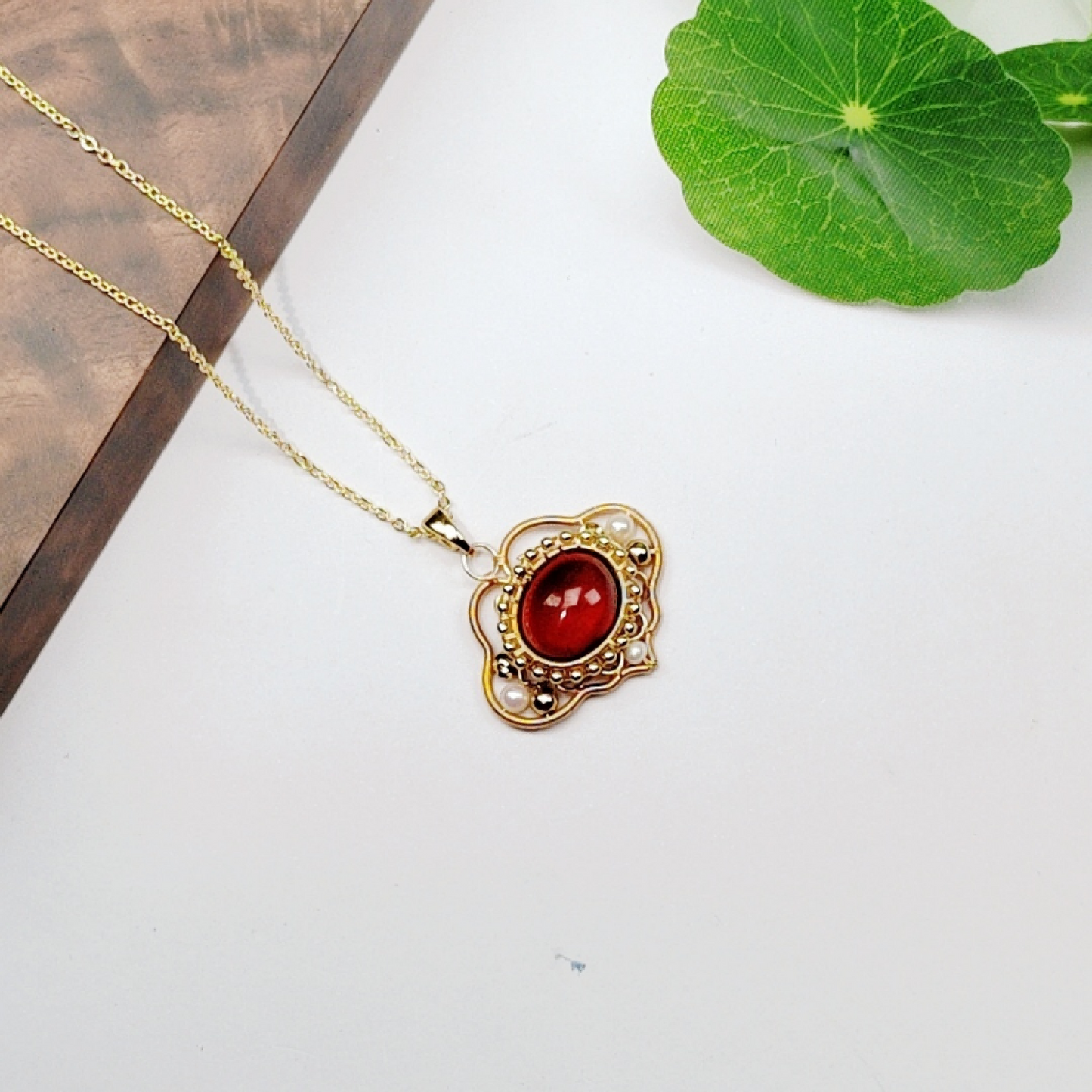 Garnet Ruyi Lock Pendant Necklace, Red Wire Wrapped Pendant, Handmade Vintage Talisman Jewelry, Healing Crystals Necklace Gift for Her Mom