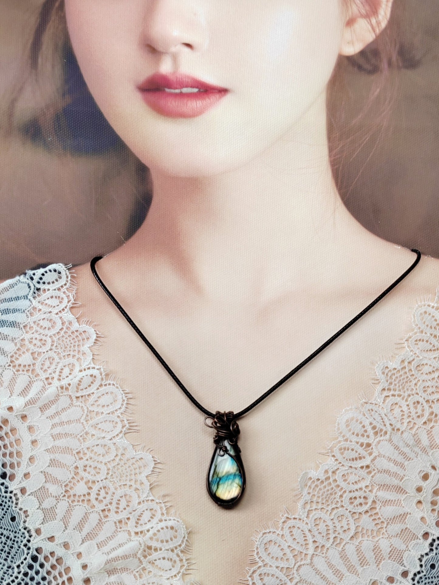 Labradorite Handmade Necklace, Copper Wire Wrapped Pendant Jewelry, Birthdaystone Gift for Her