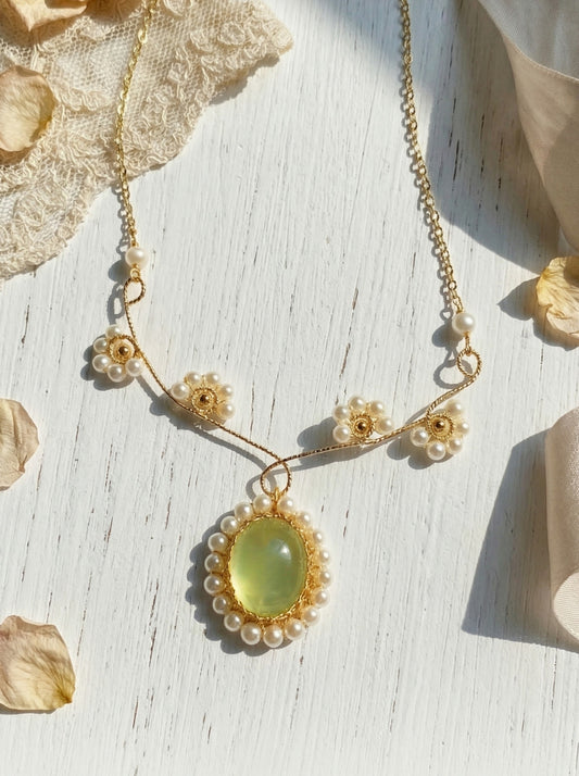 Prehnite  Sunflower Necklace Bracelet Set, Handmade Wire Wrapped Vintage Jewelry, Anniversary Christmas Birthday Mother's Day Gift for Her