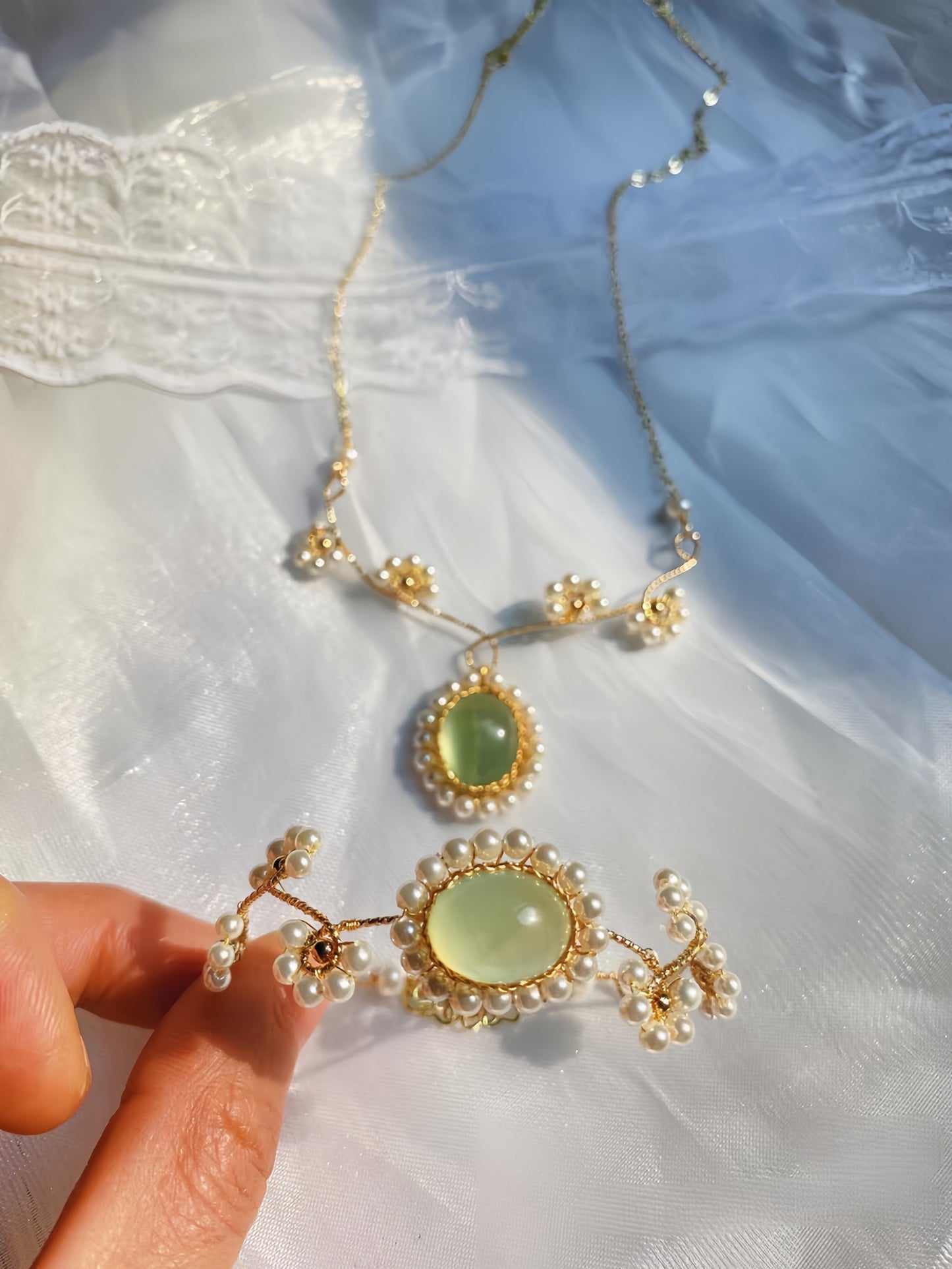Prehnite  Sunflower Necklace Bracelet Set, Handmade Wire Wrapped Vintage Jewelry, Anniversary Christmas Birthday Mother's Day Gift for Her