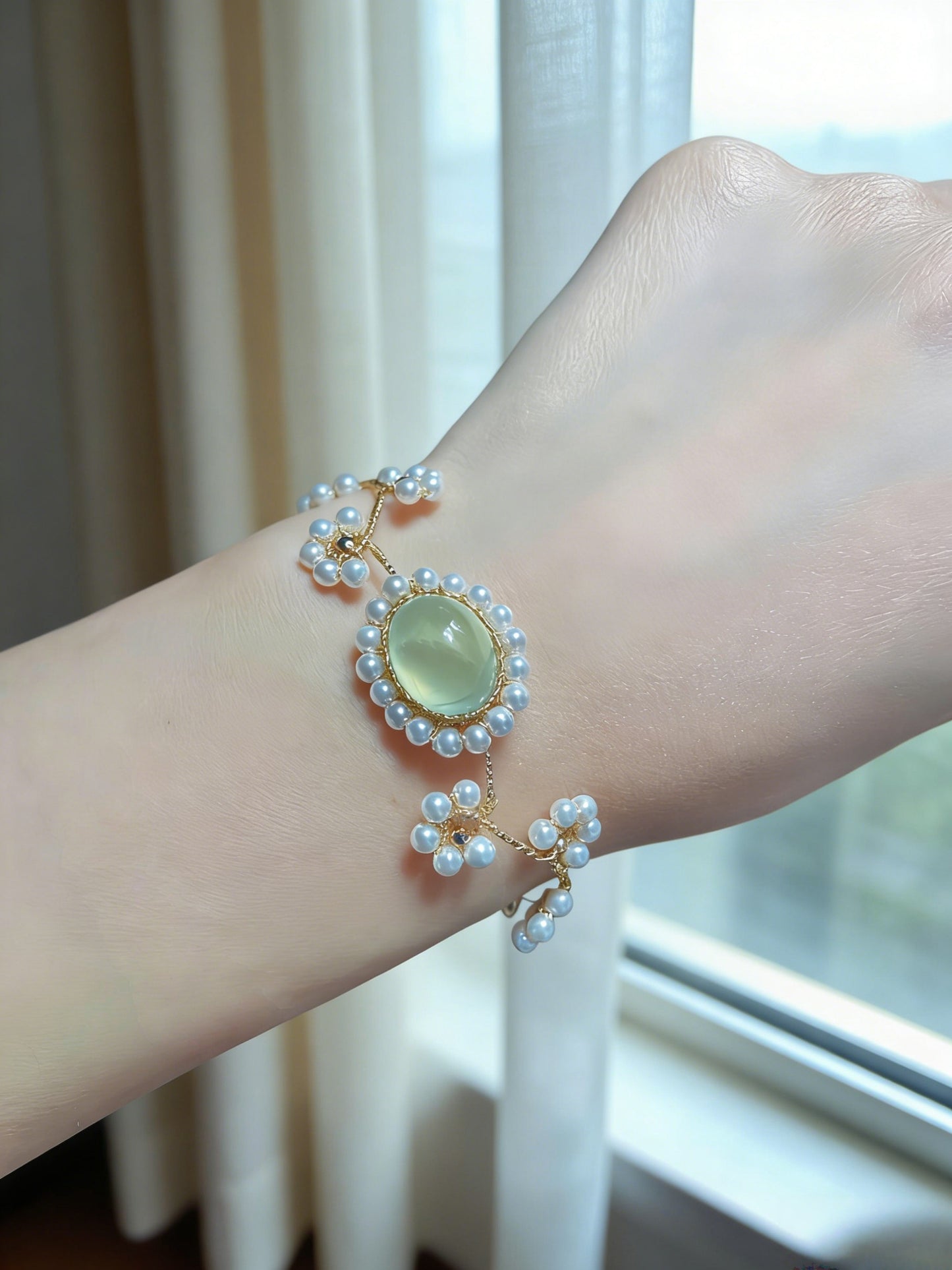Prehnite  Sunflower Necklace Bracelet Set, Handmade Wire Wrapped Vintage Jewelry, Anniversary Christmas Birthday Mother's Day Gift for Her