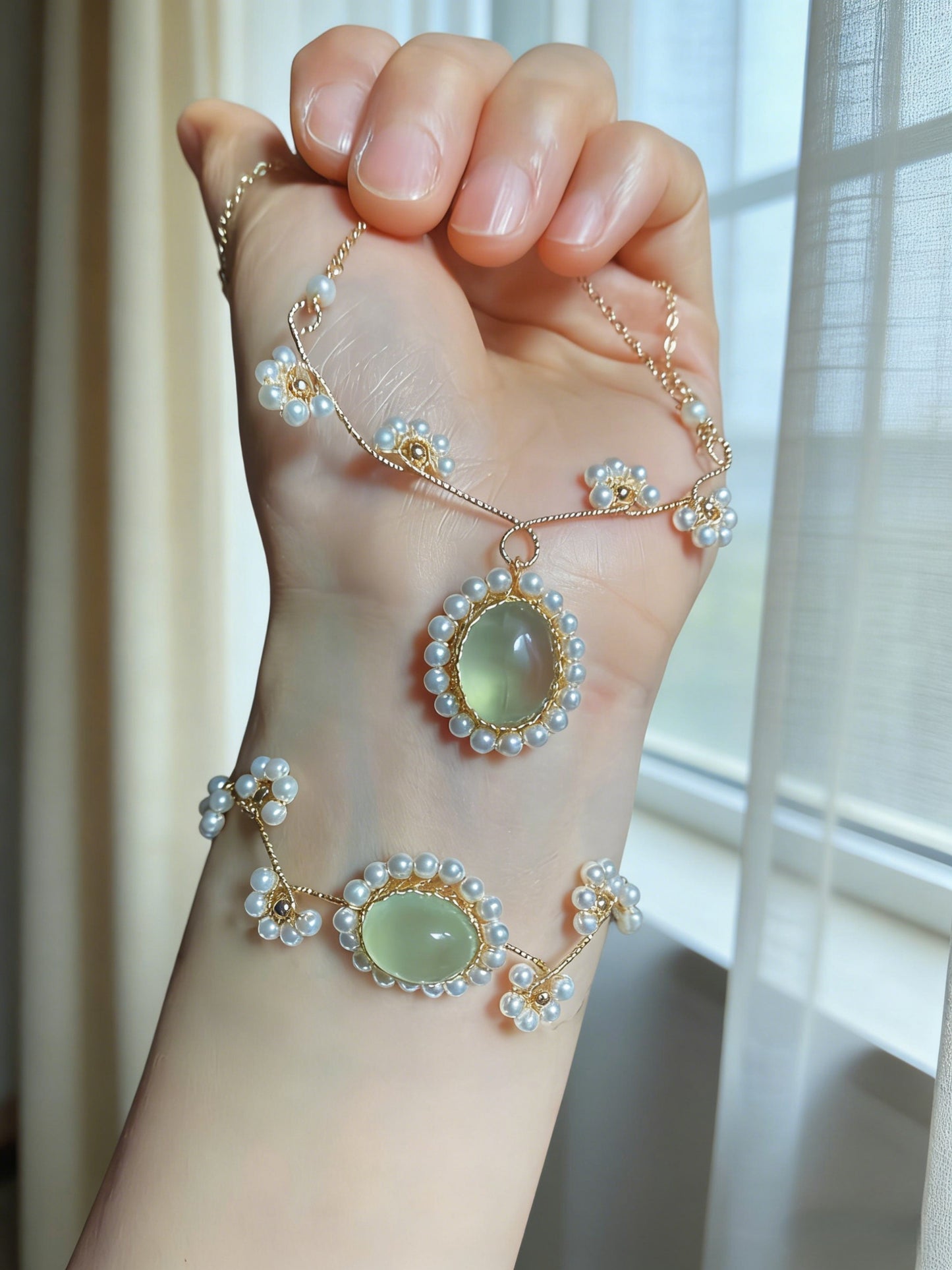 Prehnite  Sunflower Necklace Bracelet Set, Handmade Wire Wrapped Vintage Jewelry, Anniversary Christmas Birthday Mother's Day Gift for Her
