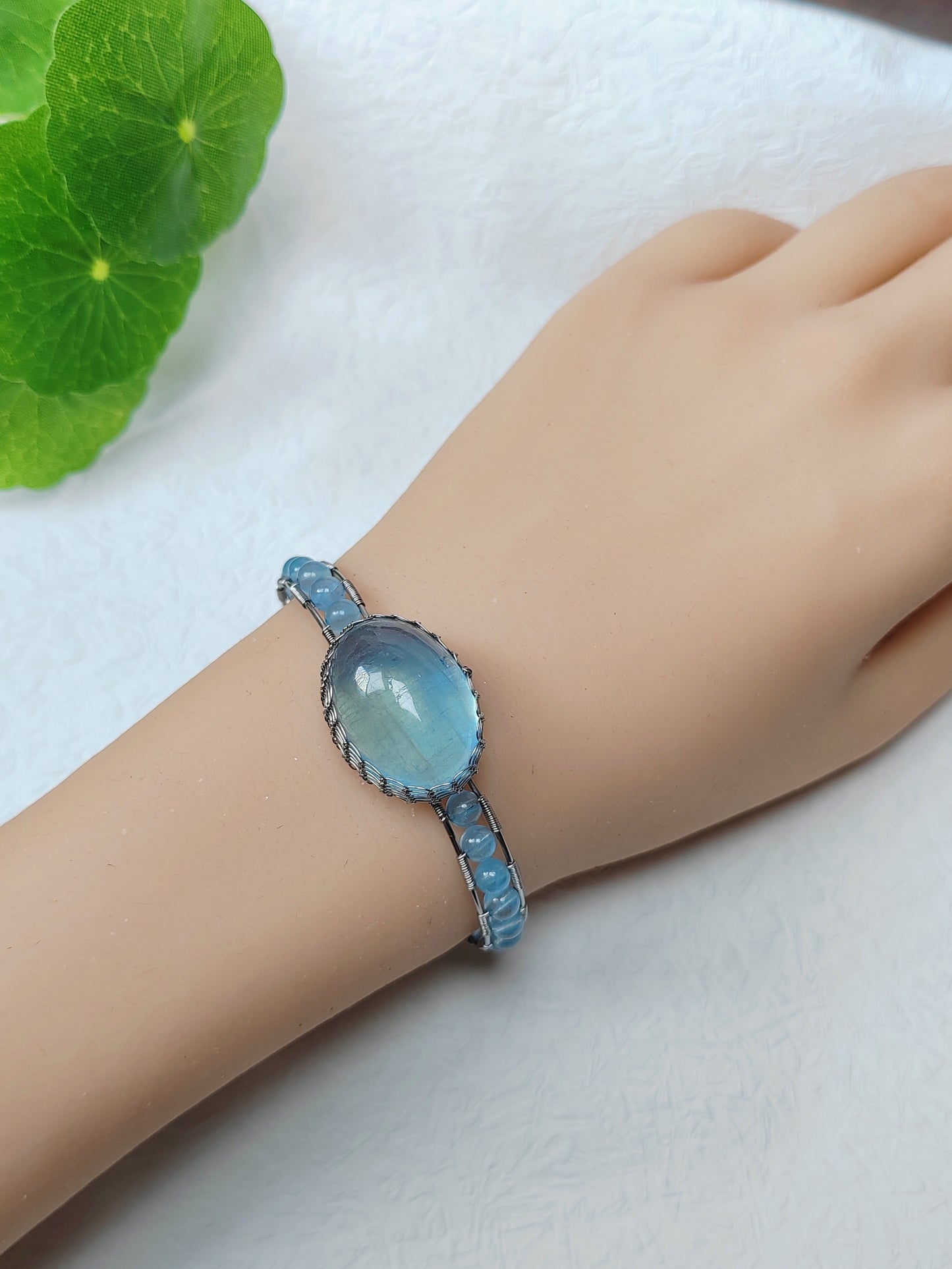 Aquamarine Adjustable Cuff Bracelet, Handmade Wire Wrapped Gold Jewelry, Christmas & Anniversary Initial Crystal Gift
