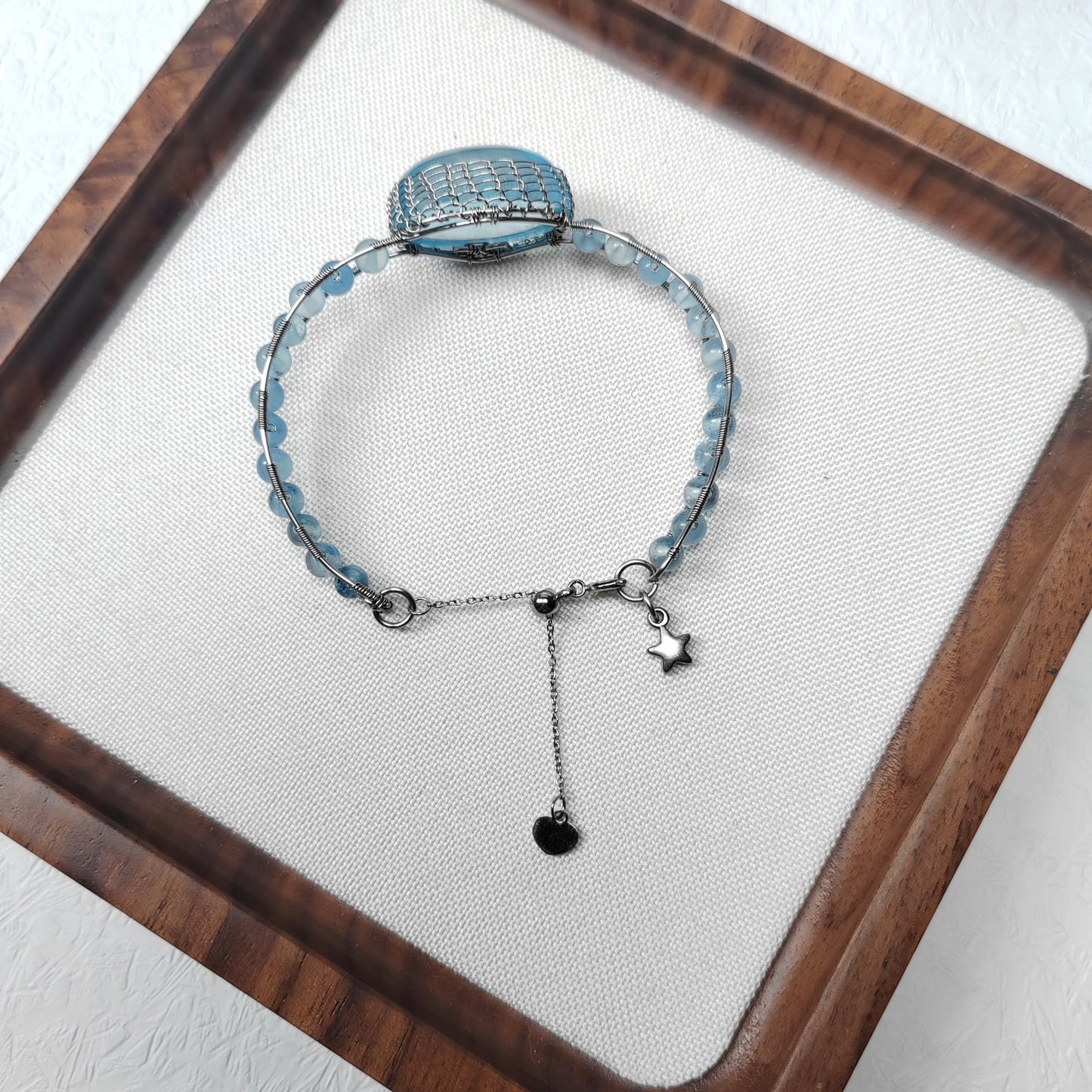 Aquamarine Adjustable Cuff Bracelet, Handmade Wire Wrapped Gold Jewelry, Christmas & Anniversary Initial Crystal Gift