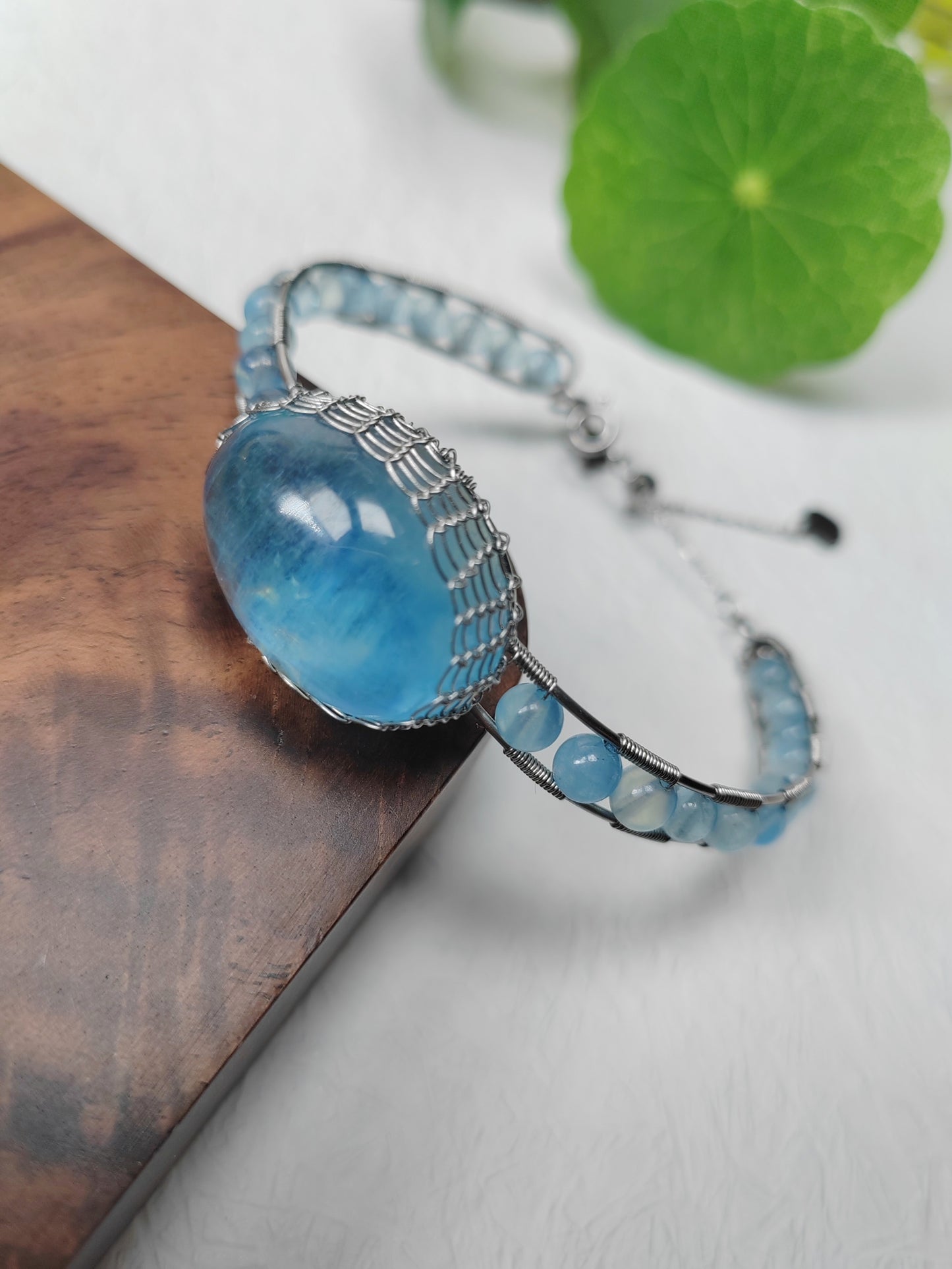 Aquamarine Adjustable Cuff Bracelet, Handmade Wire Wrapped Gold Jewelry, Christmas & Anniversary Initial Crystal Gift