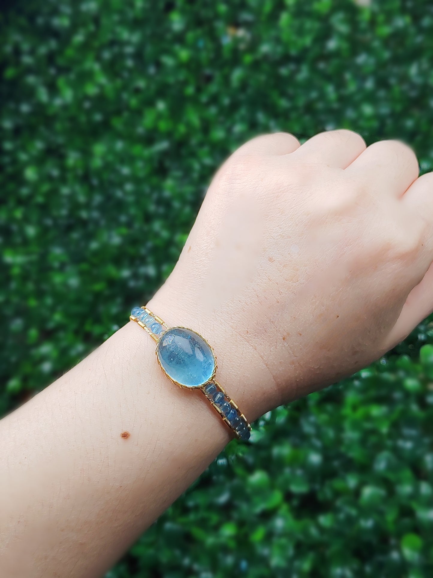 Aquamarine Adjustable Cuff Bracelet, Handmade Wire Wrapped Gold Jewelry, Christmas & Anniversary Initial Crystal Gift