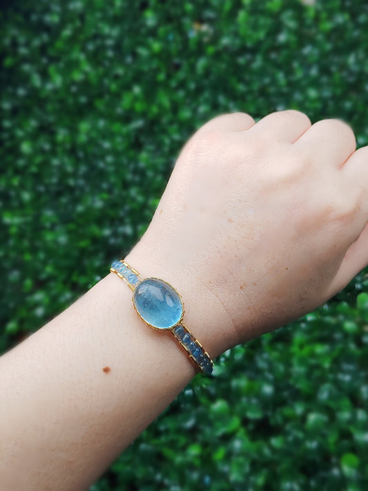 Aquamarine Adjustable Cuff Bracelet, Handmade Wire Wrapped Gold Jewelry, Christmas & Anniversary Initial Crystal Gift