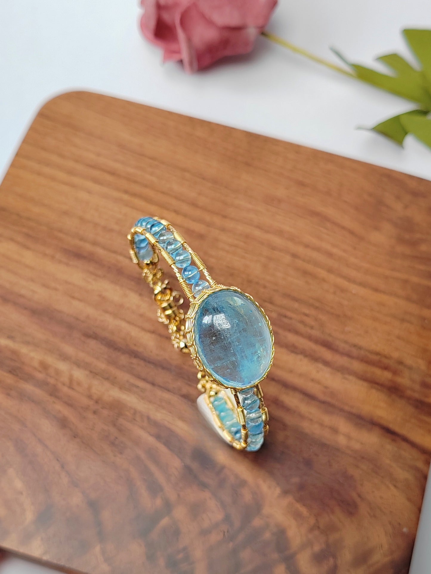 Aquamarine Adjustable Cuff Bracelet, Handmade Wire Wrapped Gold Jewelry, Christmas & Anniversary Initial Crystal Gift