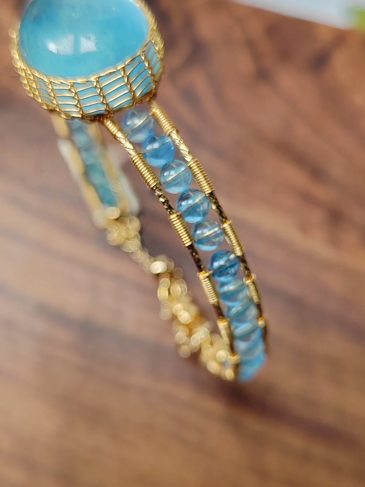 Aquamarine Adjustable Cuff Bracelet, Handmade Wire Wrapped Gold Jewelry, Christmas & Anniversary Initial Crystal Gift