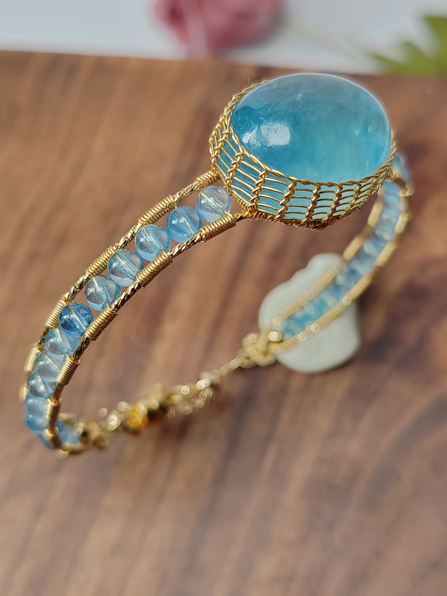 Aquamarine Adjustable Cuff Bracelet, Handmade Wire Wrapped Gold Jewelry, Christmas & Anniversary Initial Crystal Gift