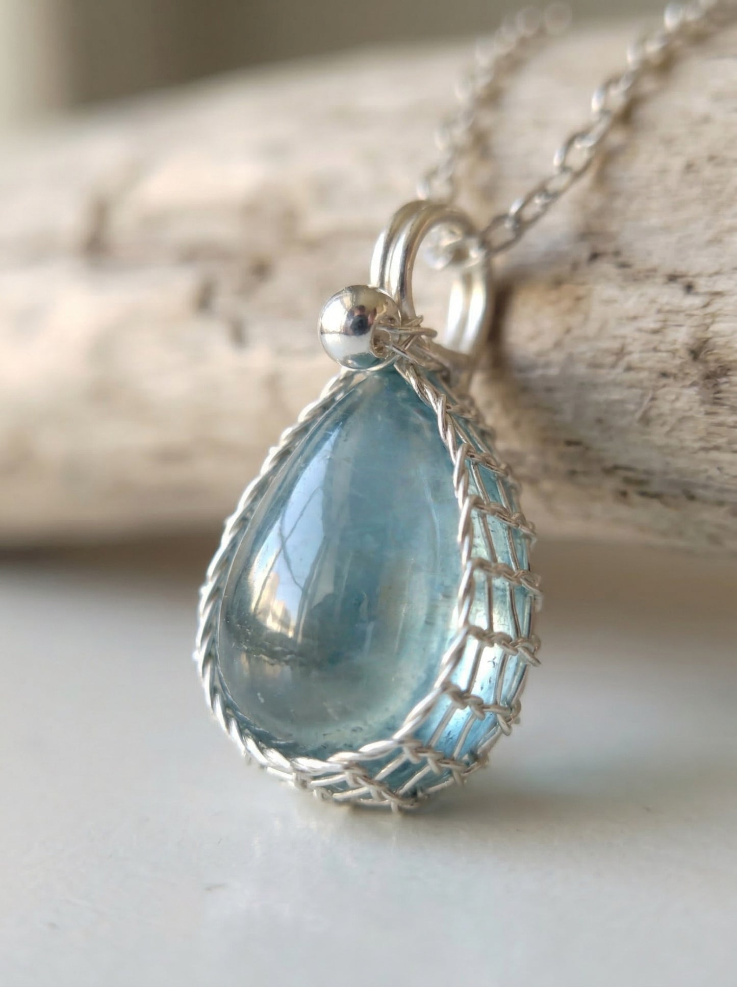 Aquamarine Teardrop Sterling Silver Necklace,Everyday Handmade Wire Wrapped Pendant Jewelry,March Birthstone Healing Crystals Gift for Her