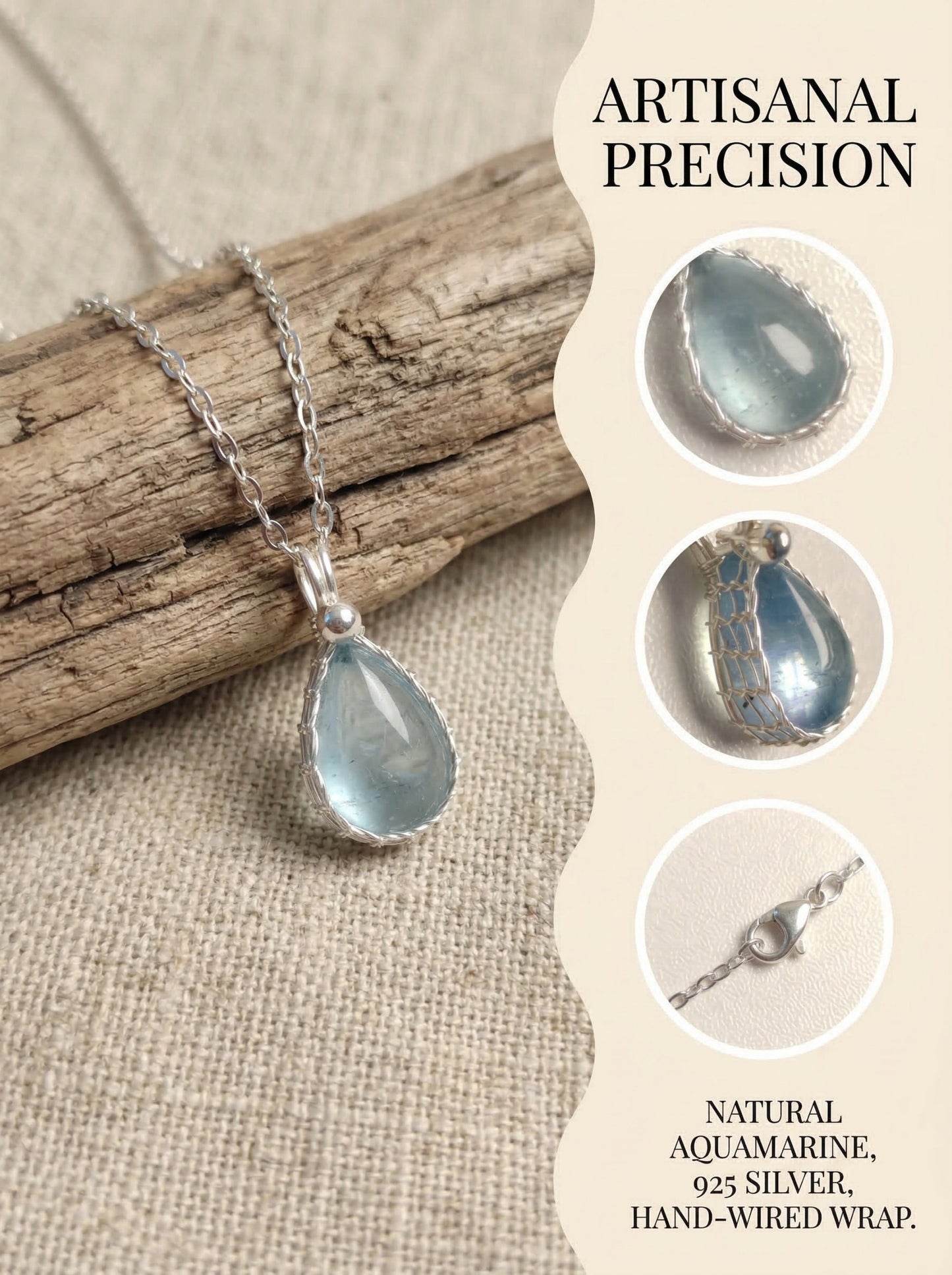 Aquamarine Teardrop Sterling Silver Necklace,Everyday Handmade Wire Wrapped Pendant Jewelry,March Birthstone Healing Crystals Gift for Her