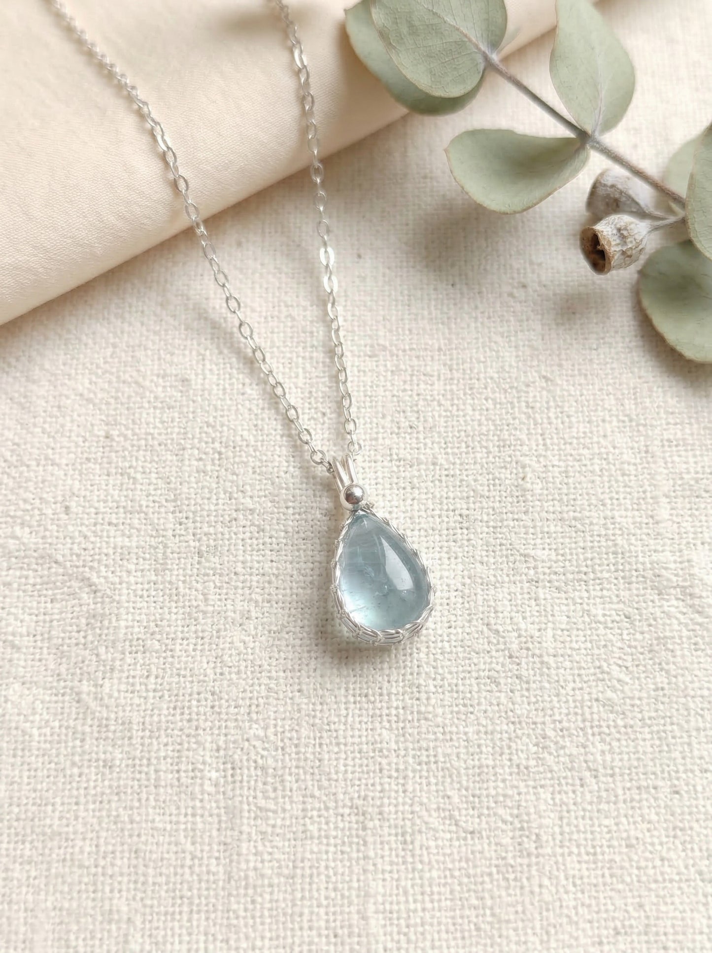 Aquamarine Teardrop Sterling Silver Necklace,Everyday Handmade Wire Wrapped Pendant Jewelry,March Birthstone Healing Crystals Gift for Her