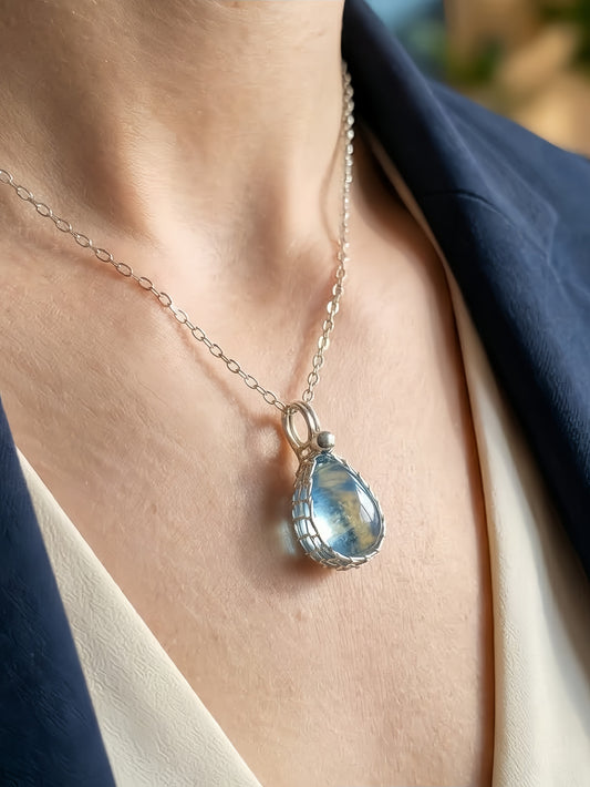 Aquamarine Teardrop Sterling Silver Necklace,Everyday Handmade Wire Wrapped Pendant Jewelry,March Birthstone Healing Crystals Gift for Her
